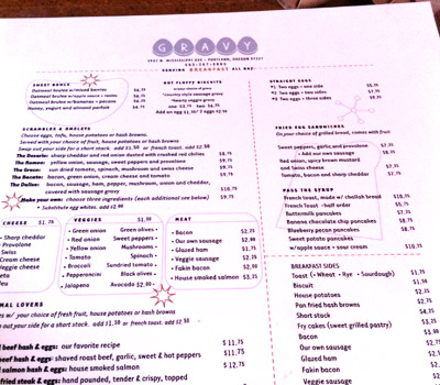The menu from Gravy restaurant located in the Mississippi district in Portland, OR