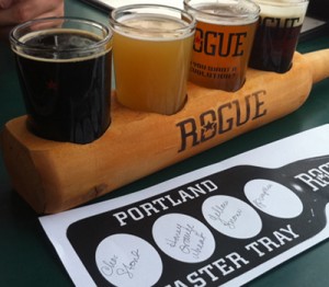 The first random flight at Rogue Distillery and Ale House in Portland, OR